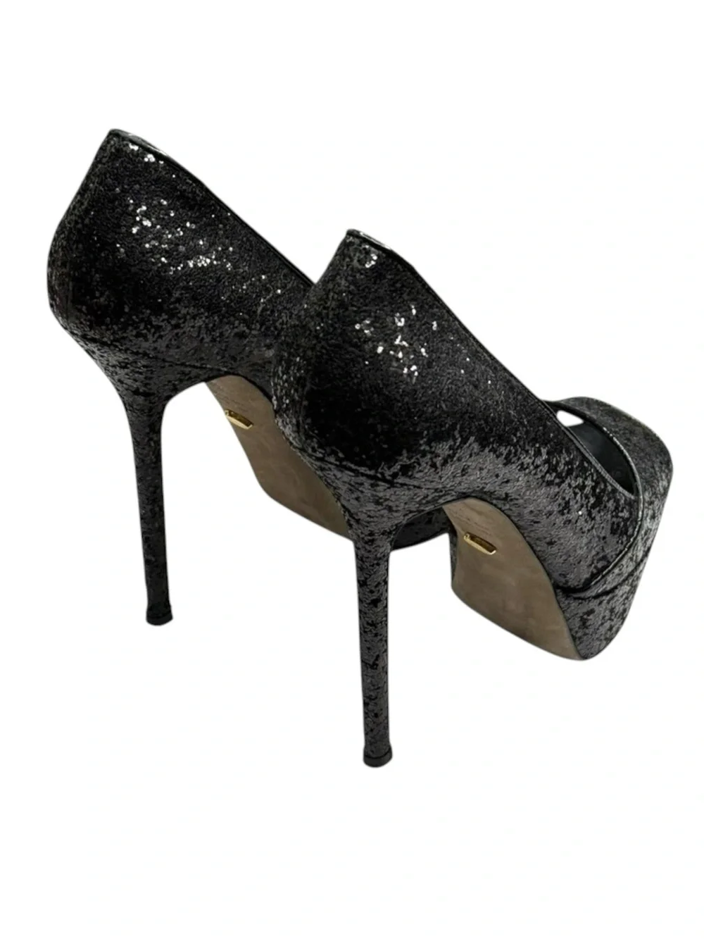 Sergio Rossi 𒀭Boston Glitter Peep Toe Platform Sky High Stiletto Pumps 𒀭Black 38